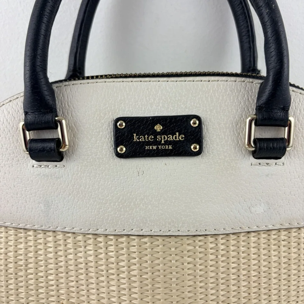 Kate Spade Reiley Straw Dome Satchel Crossbody Bag Cream Black Leather Woven